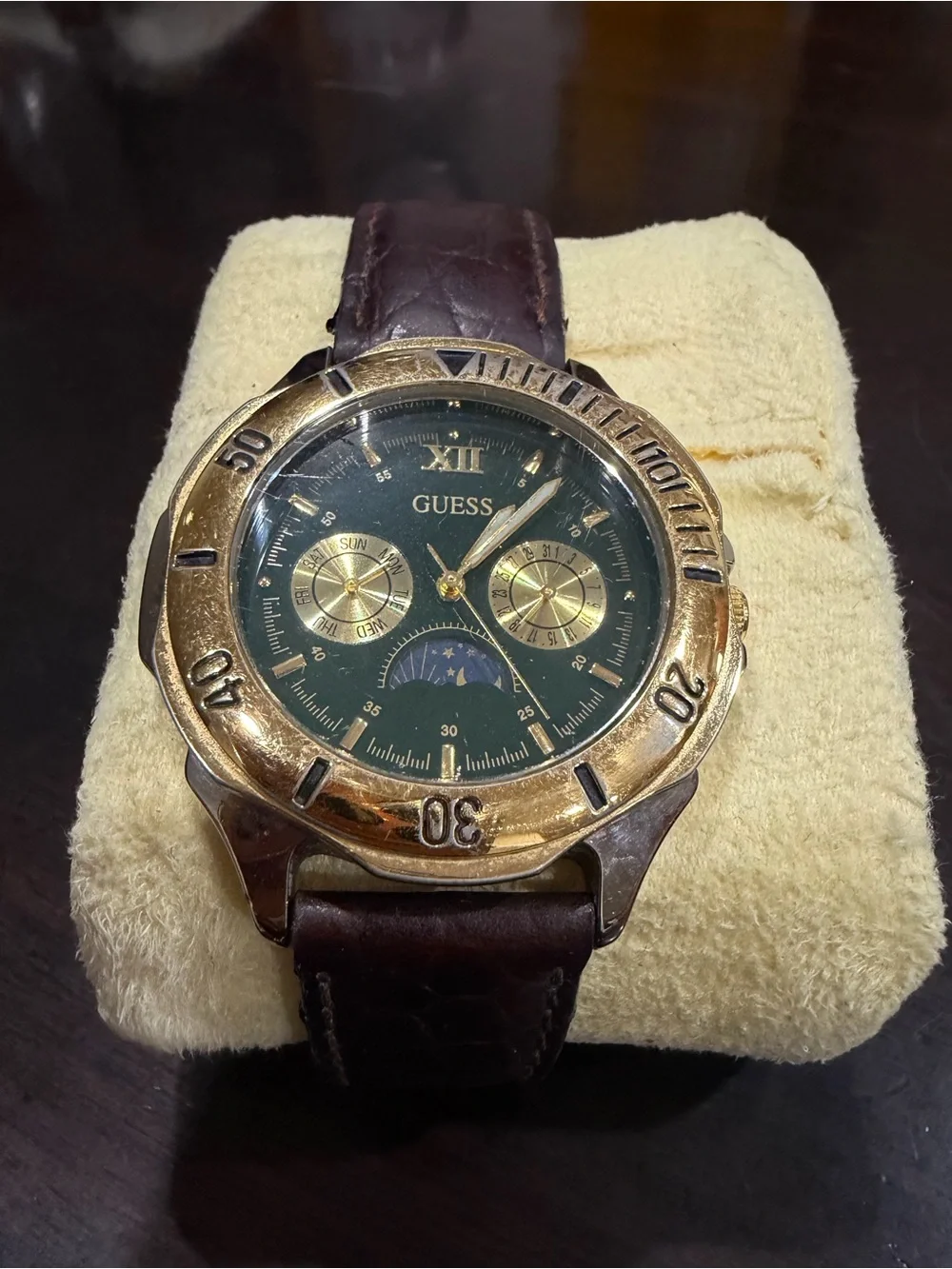 GUESS Gold-Tone Watch with Green Dial and Brown Strap